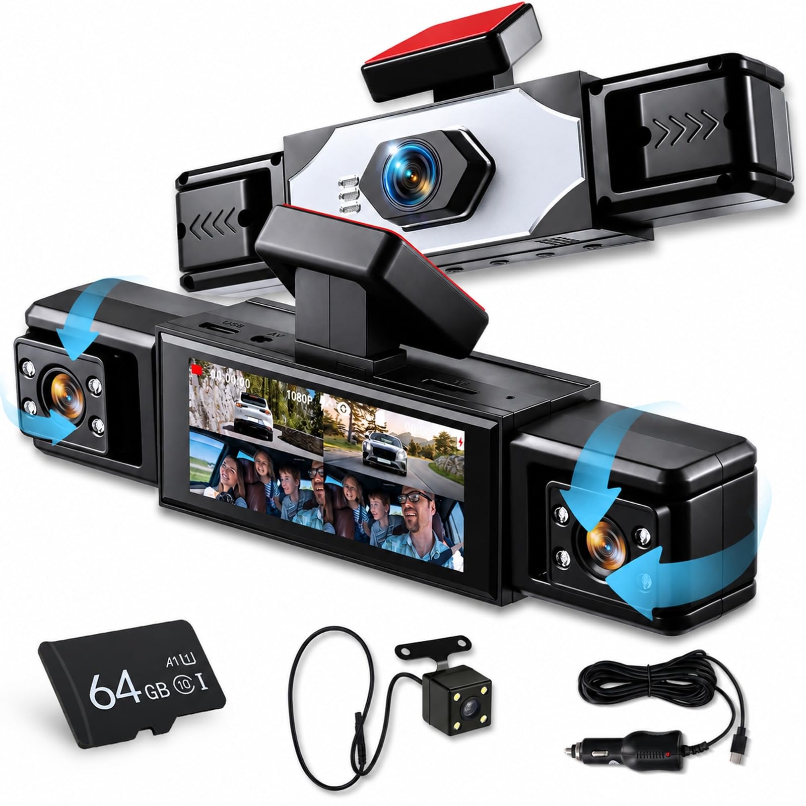 Hodozzy Caméra Embarquée 4 Canaux écran 3,16 Pouces, 4 Caméras Dashcam Avant Arrière Gauche et Droite pour Voiture avec Enregistrement en Boucle Vision Nocturne, Capteur G, Carte 64 Go, Caméra Recul