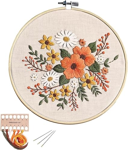 Arte Vita Kit de iniciación de bordado, patrón de flores naranjas, gama completa, juego de puntadas de mano para principiantes, incluye tela