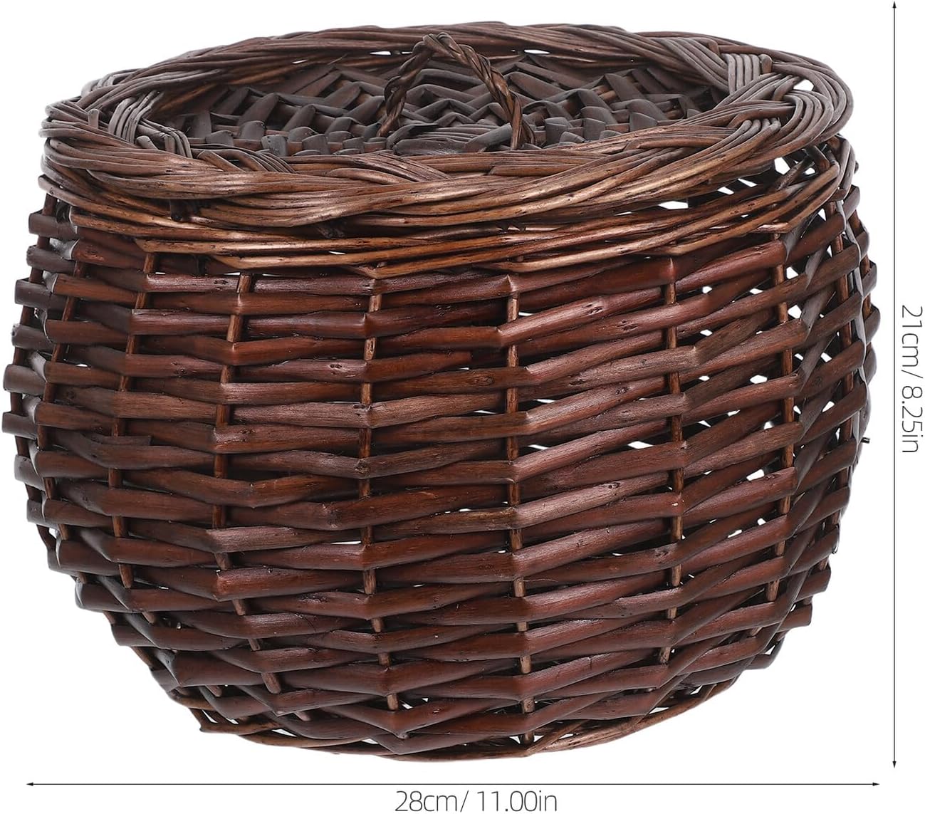 Wicker Egg Basket with Lid, Large Capacity Willow Storage Bin for Kitchen Organization, round Chicken Egg Holder and Vegetable Fruit Container, Coffee Color Covered Basket for Home