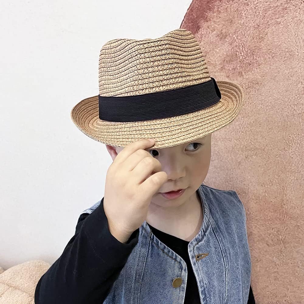 Straw Fedora Sun Hat for Kids Roll Up Short Brim Trilby Hat Panama Beach Hat… - Image 3