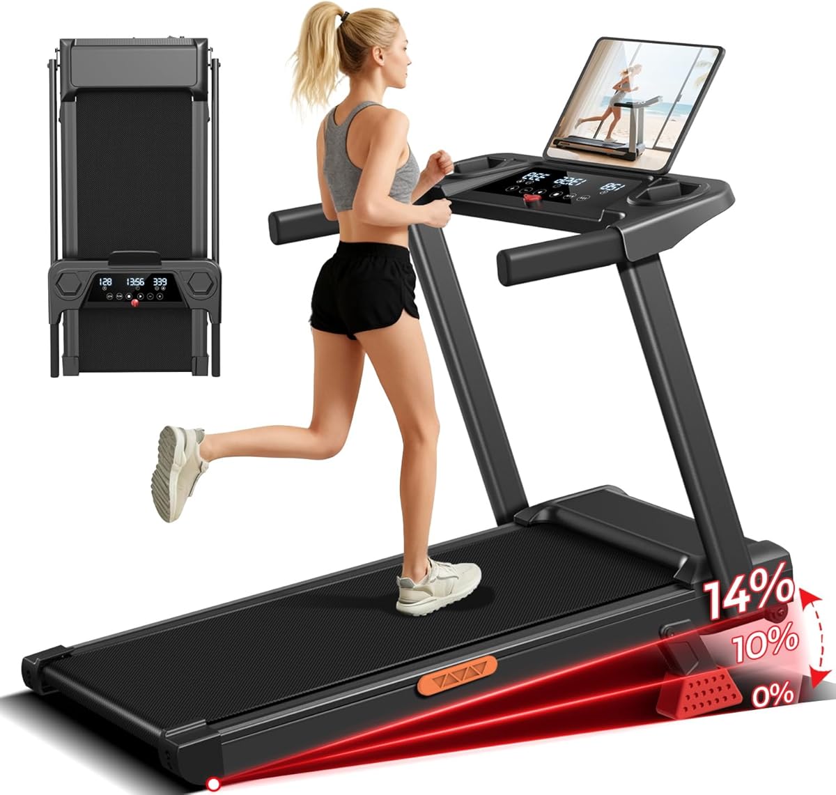 16% Incline Treadmill with Handle, 3-in-1 Portable Treadmills for Home and Office, Foldable Treadmills with 300 Lbs Weight Capacity, 3.0HP Quiet Walking Pad Treadmill, Three Screen