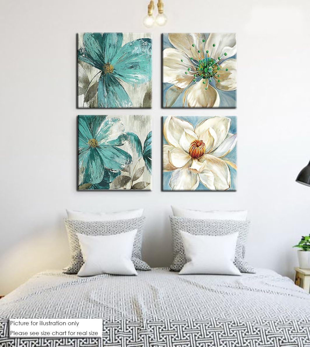 Niwo ART - Teal Flower B, Floral painting Artwork Canvas Wall Art Home Decor,Framed Ready to Hang (16"x16"x3/4")