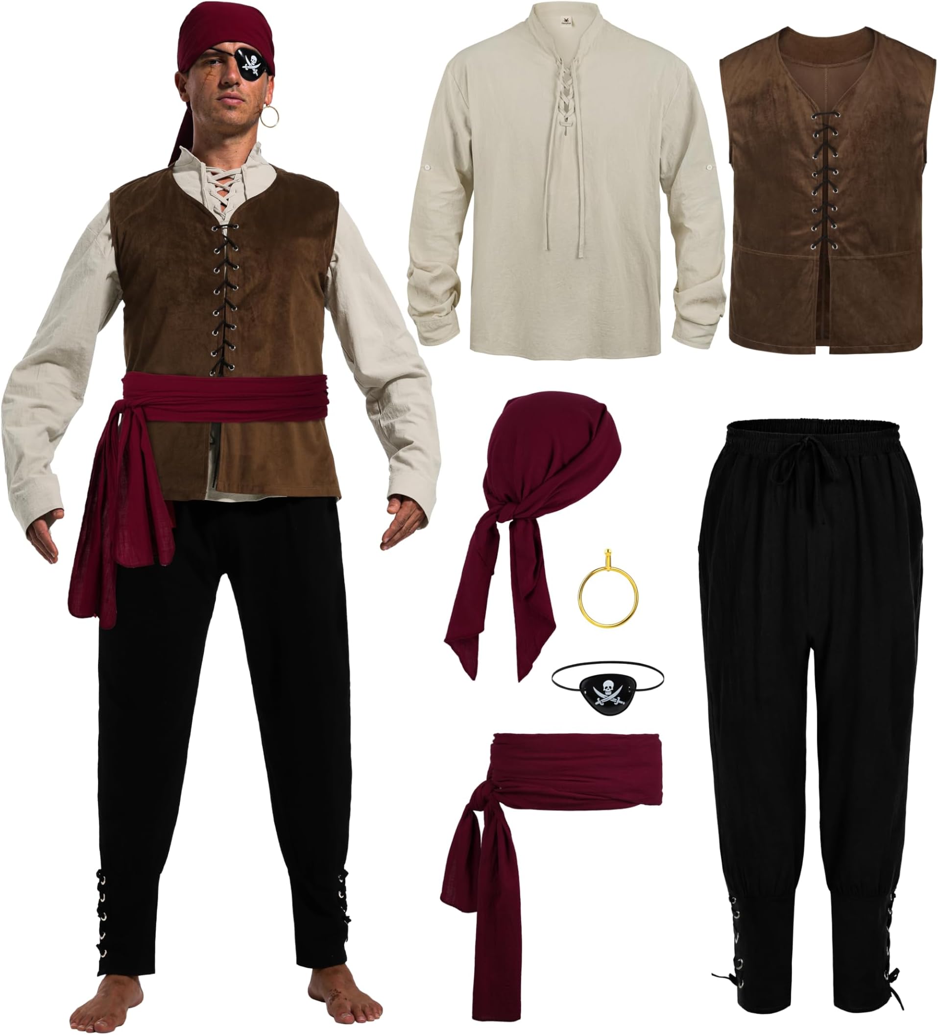 FancyFunHalloween Pirate Costume Men,Medieval Shirt Renaissance Banded Pants Viking Sash Belt Eye Patch Earrings