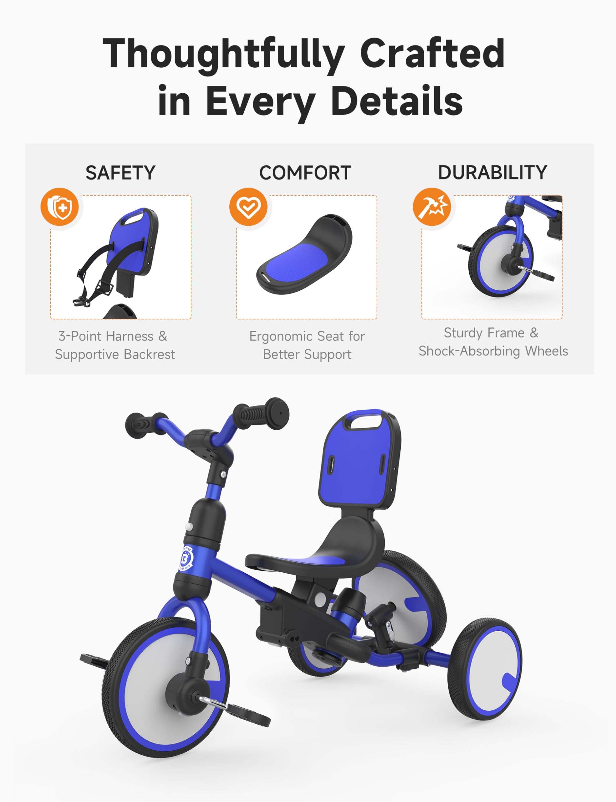 Besrey Triciclo Bambini 5 in 1 – Triciclo Evolutivo con Maniglione e Ruota di Scorta, Bici Senza Pedali per Bambini da 18 Mesi Dotato di Schienale e Cintura, Regalo Compleanno per Bambini (Blu scuro)
