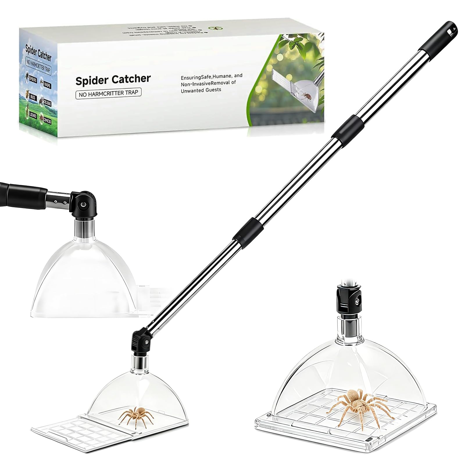 Laaorr Spider Catcher Long Handle 180°Rotating Head Contactless Spider Grabber with Transparent Capture Box Spider Catchers for Home Bug Catcher Tool Indoor and Outdoor Use