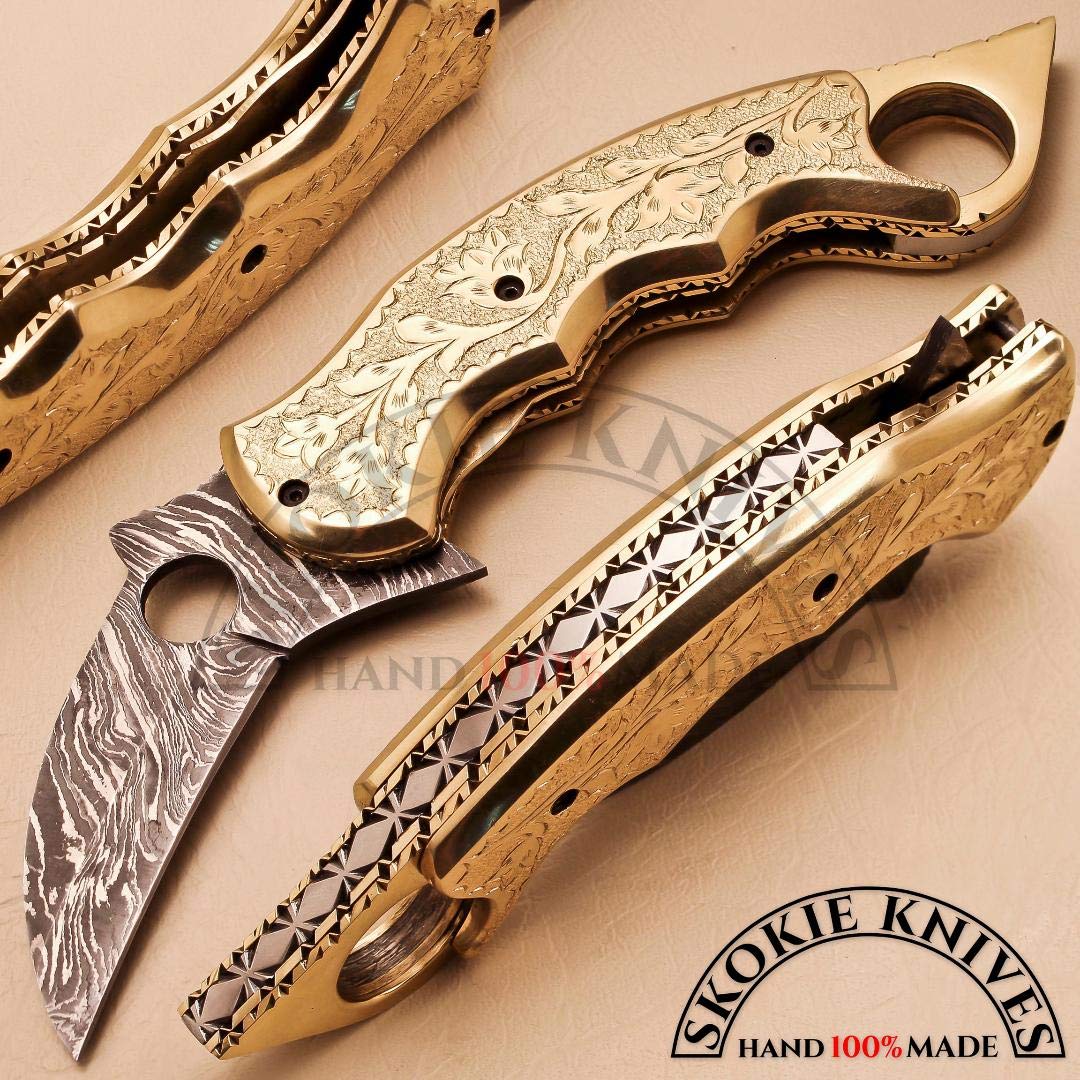 Handmade Damascus Steel Folding Knife - Brass Handle With Hand Engraving - Handmade Pocket Knives