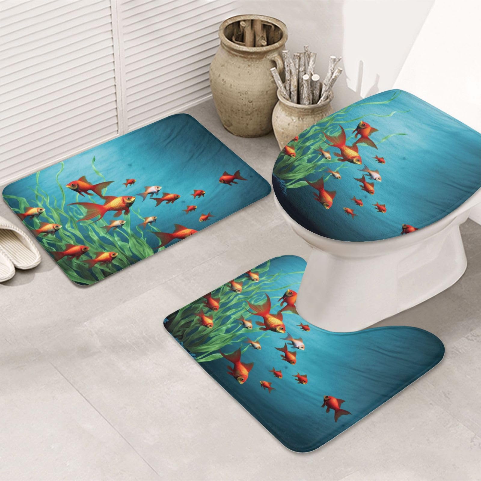 Tapis de bain en flanelle lot de 3 tapis toilette U et housse WC imprimé antidérapant lavable