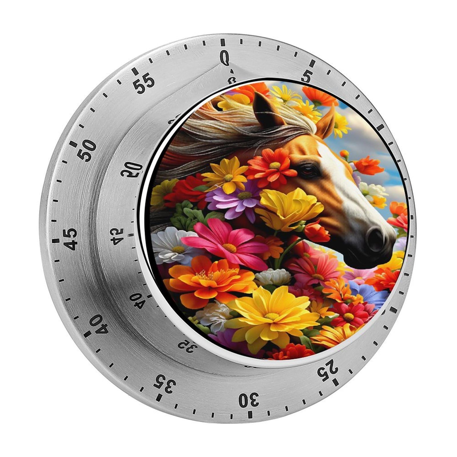 Horse in Vibrant Flower Field 60 Minute Wind Up Timer,Visual Mechanical Magnetic Timer with Loud Alarm for Kitchen