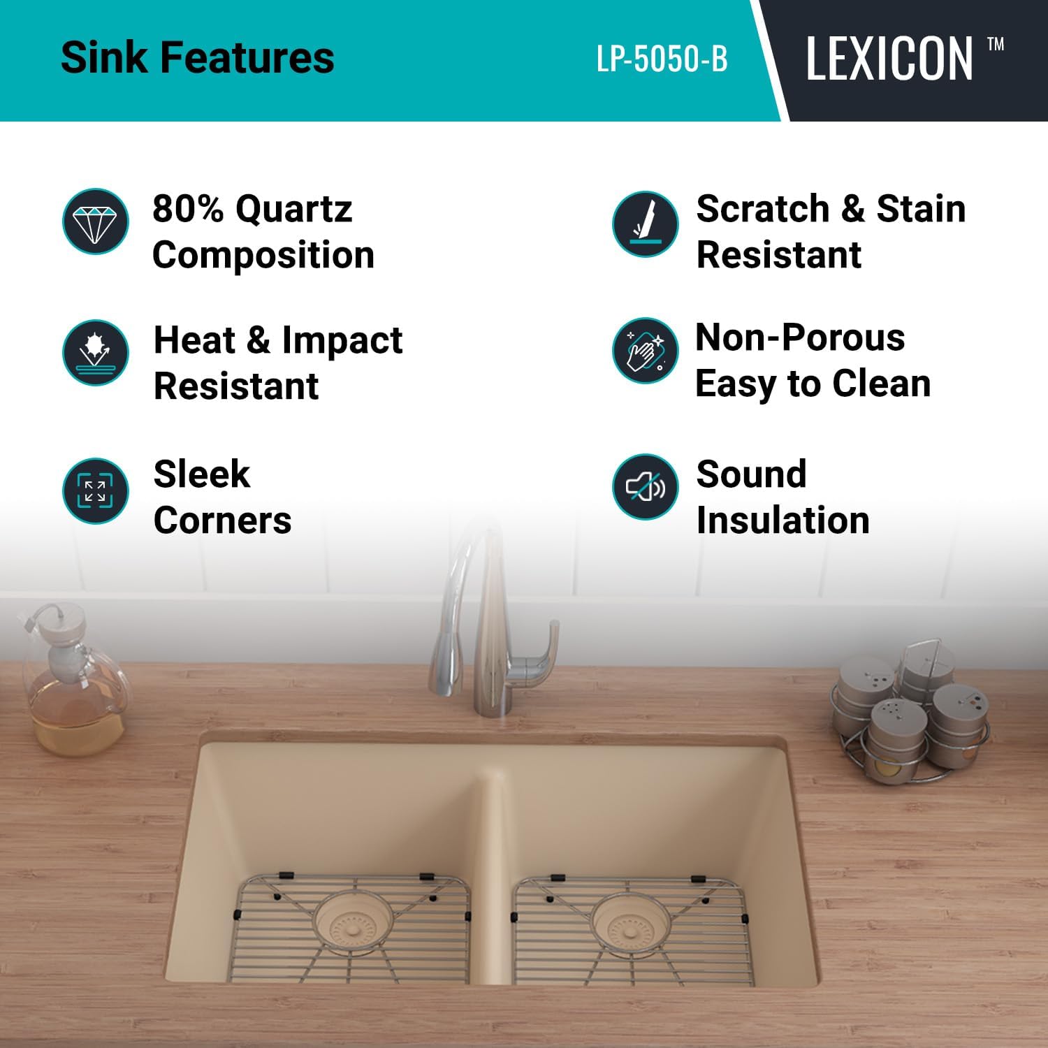 32" x 19" Quartz Kitchen Sink, 50/50 Double Bowl Kitchen Sinks, Drop-in Sink, Undermount Sink, Galaxy Beige Kitchen Sink, Double Sink Kitchen, Grids, Strainer and Flange, Lexicon Platinum LP-5050-B