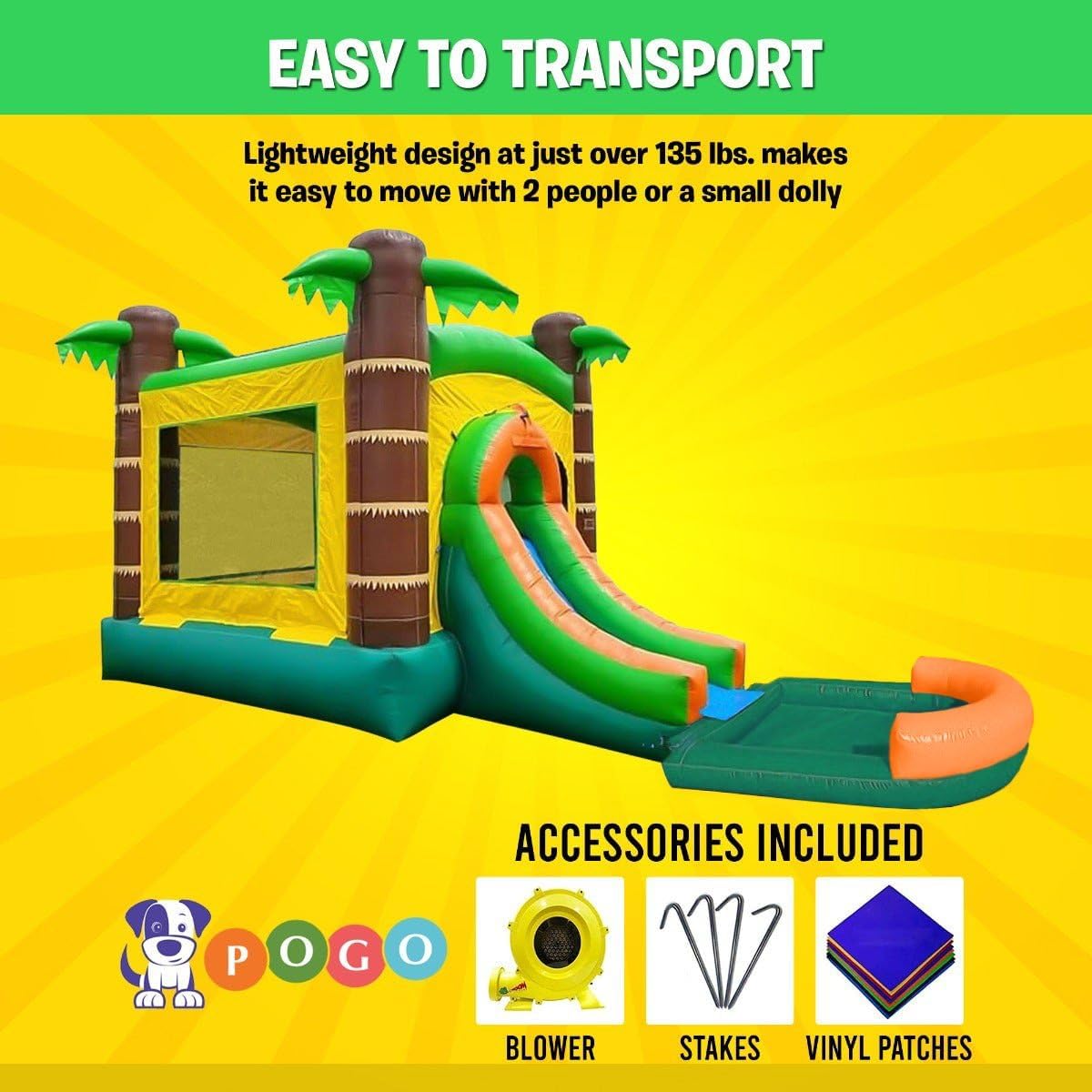 Bounce House with Inflatable Water Slide for Kids, Backyard Commerical Tropical Castle Outdoor Playhouse Bouncer with Splash Pool, Includes Blower, Anchor Stakes and Storage Bag, 26.5 x 12 x 14.5