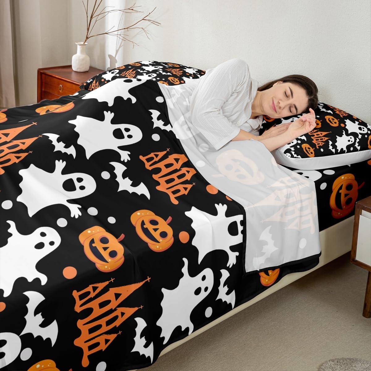 jejeloiu Halloween Decor Bed Sheets Set Twin Size Cartoon Ghost Bed Set for Kids Boys Girls Bat Deep Pocket Fitted Sheet Pumpkins Breathable Soft Lightweight Microfiber