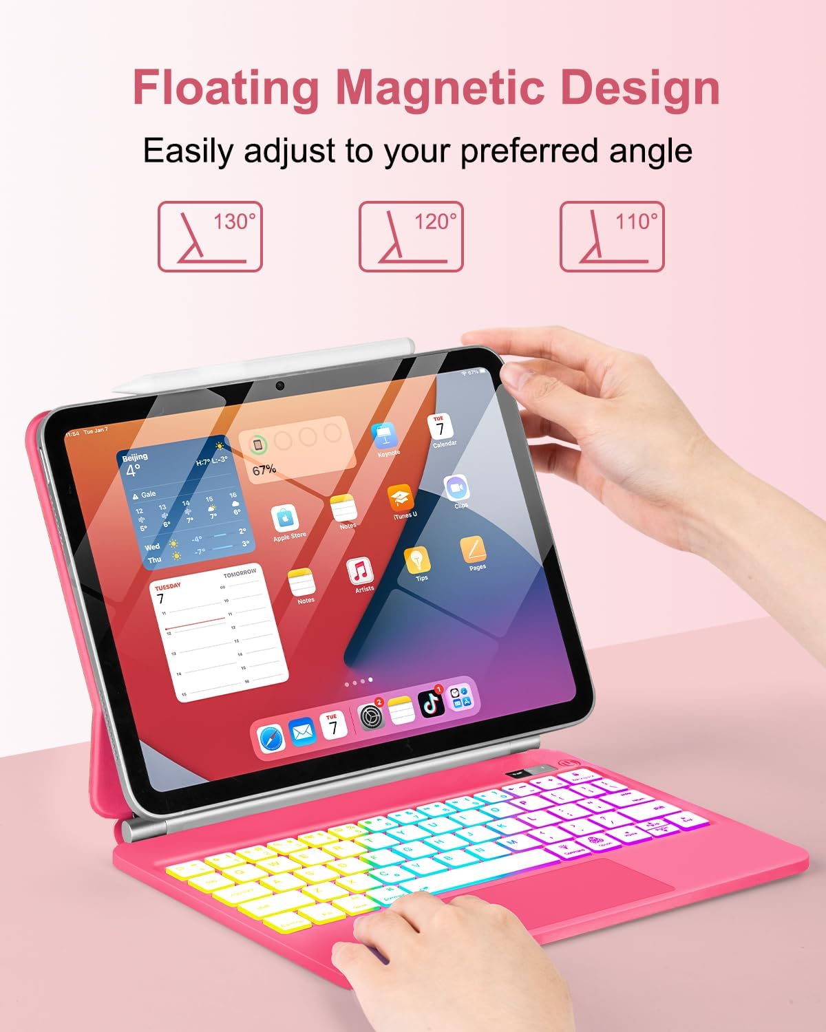 Magic for iPad A16 11th/10th Generation Case with Keyboard,Trackpad Floating Rainbow Backlit Keypad with Cantilever Magnetic Cover for iPad 11-inch 2025/10 Gen 10.9" 2022 Pink