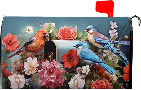 Spring Red Blue Bird Mailbox Covers Magnetic Standard Size 18" X 21",Colorful Flowers Mailbox Wraps Post Letter Box Cover for Holiday Garden Yard Decor