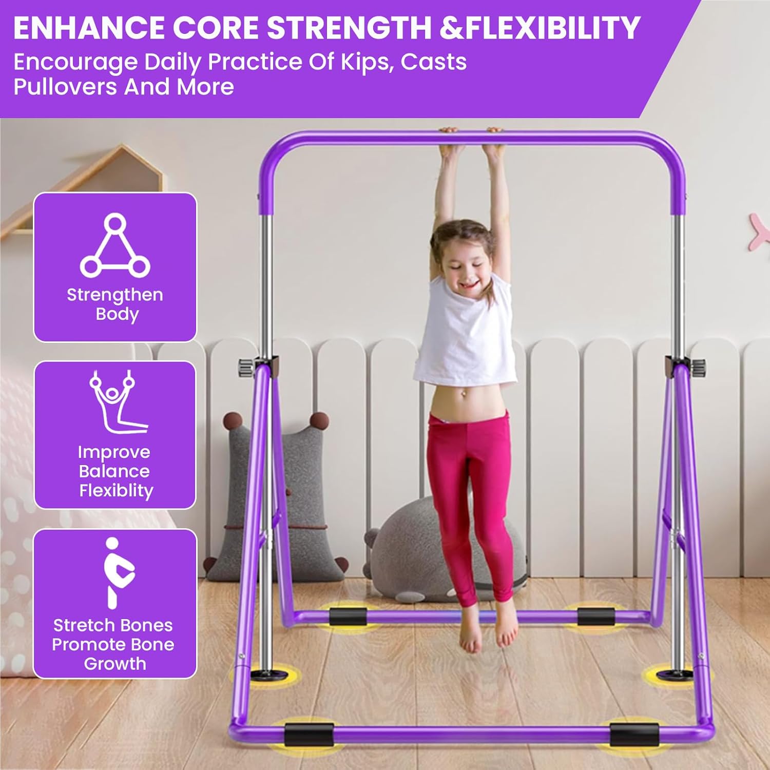 Amrta Foldable Gymnastics Bar with Rings, Adjustable Collapsible Horizontal Training Equipment Set for Indoor Outdoor Home Use Gym Gift in Pink Purple Blue