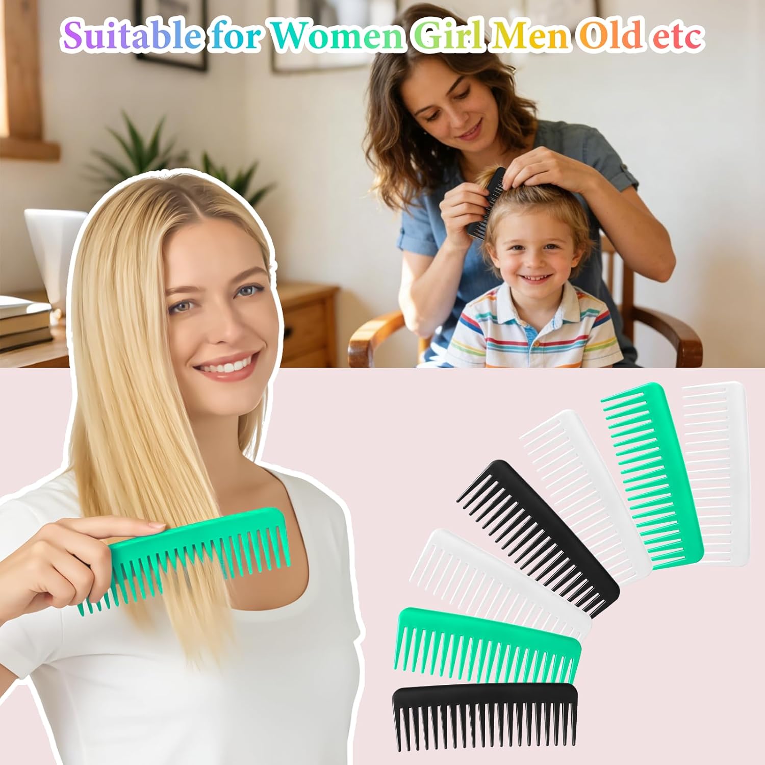 HOFASON 105 Pcs Wide Tooth Combs Bulk for Women, Curly Wet Hair Large Disposable Combs 6.1 Inch for Girls Teen Men Travel Hotel Homeless Charity Church Nursing Home(Black, White, Green)