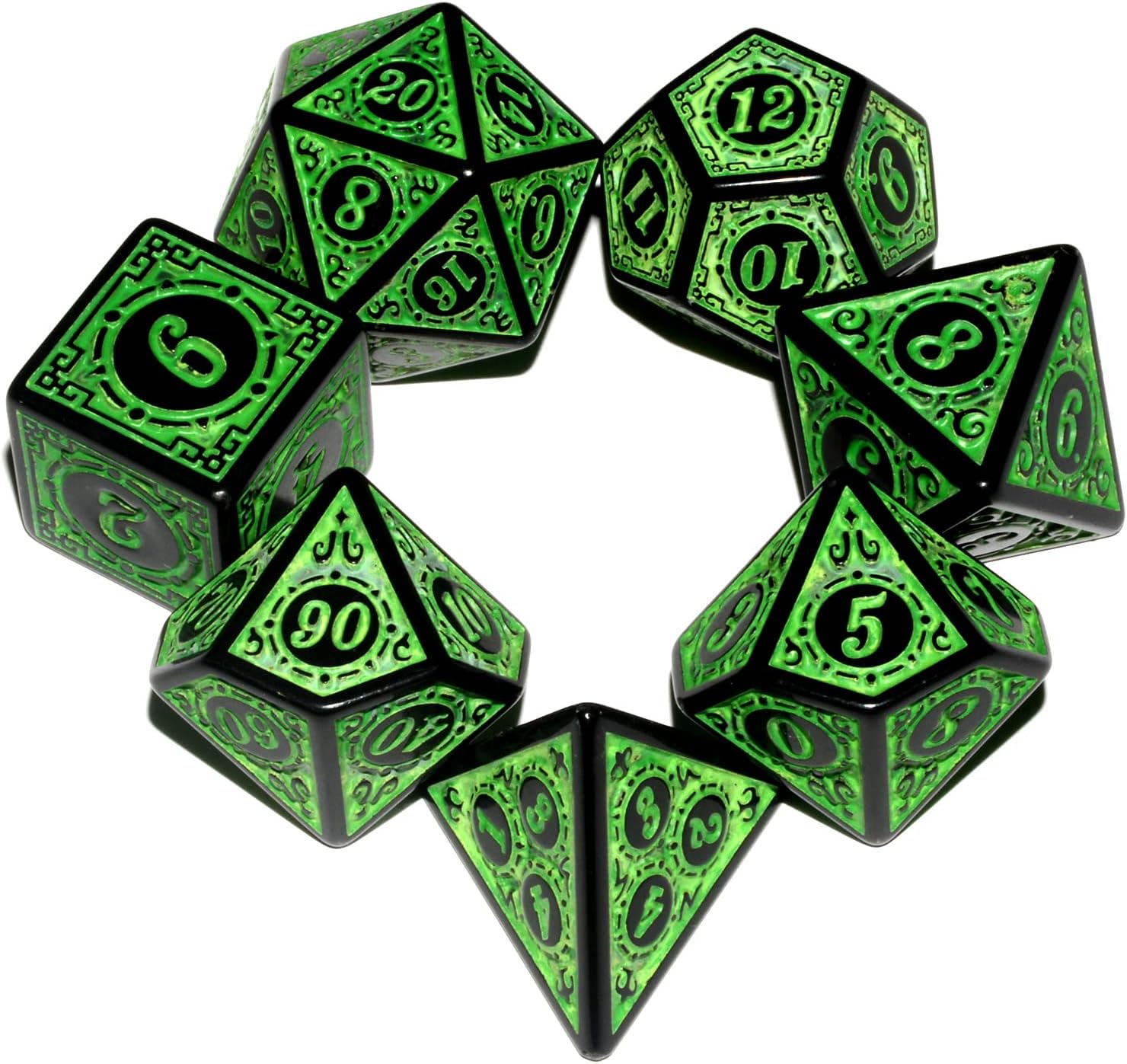 Carving in Green Black DND Dice Set for Board Game
