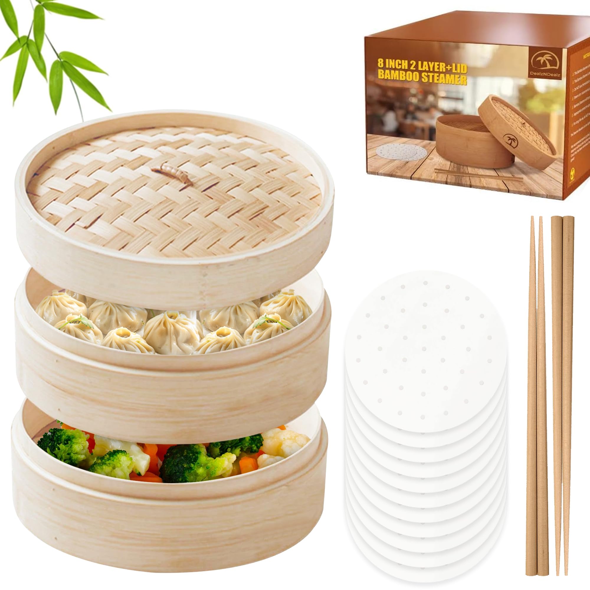 10 inch Natural Bamboo Dumpling Steamer 2 Tiers Basket with Lid Includes 50 Wax Papers, 2 Pair of Chopsticks – Perfect for Asian Cooking