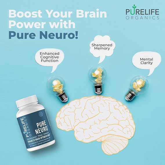 PureLife Organics Pure Neuro - Supplement for Eliminating Brain Fog, Memory Support & Focus Enhancement - 30 Day Supply - 60 Vegan & Gluten-Free Capsules - Doctor Formulated for Brain Health Support