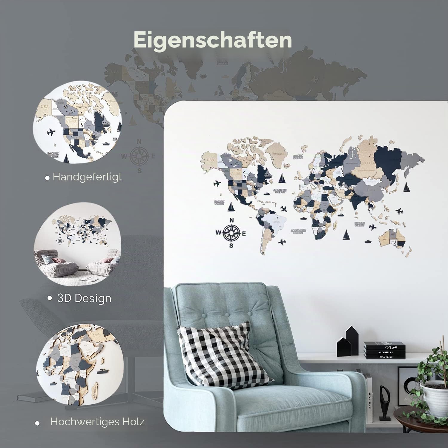 Holz-Weltkarte, 3D-Kunst, große Wanddekoration, für jeden Anlass, in den Größen M, L, XL, Geschenkidee, Wandkunst für Zuhause, Küche oder Büro