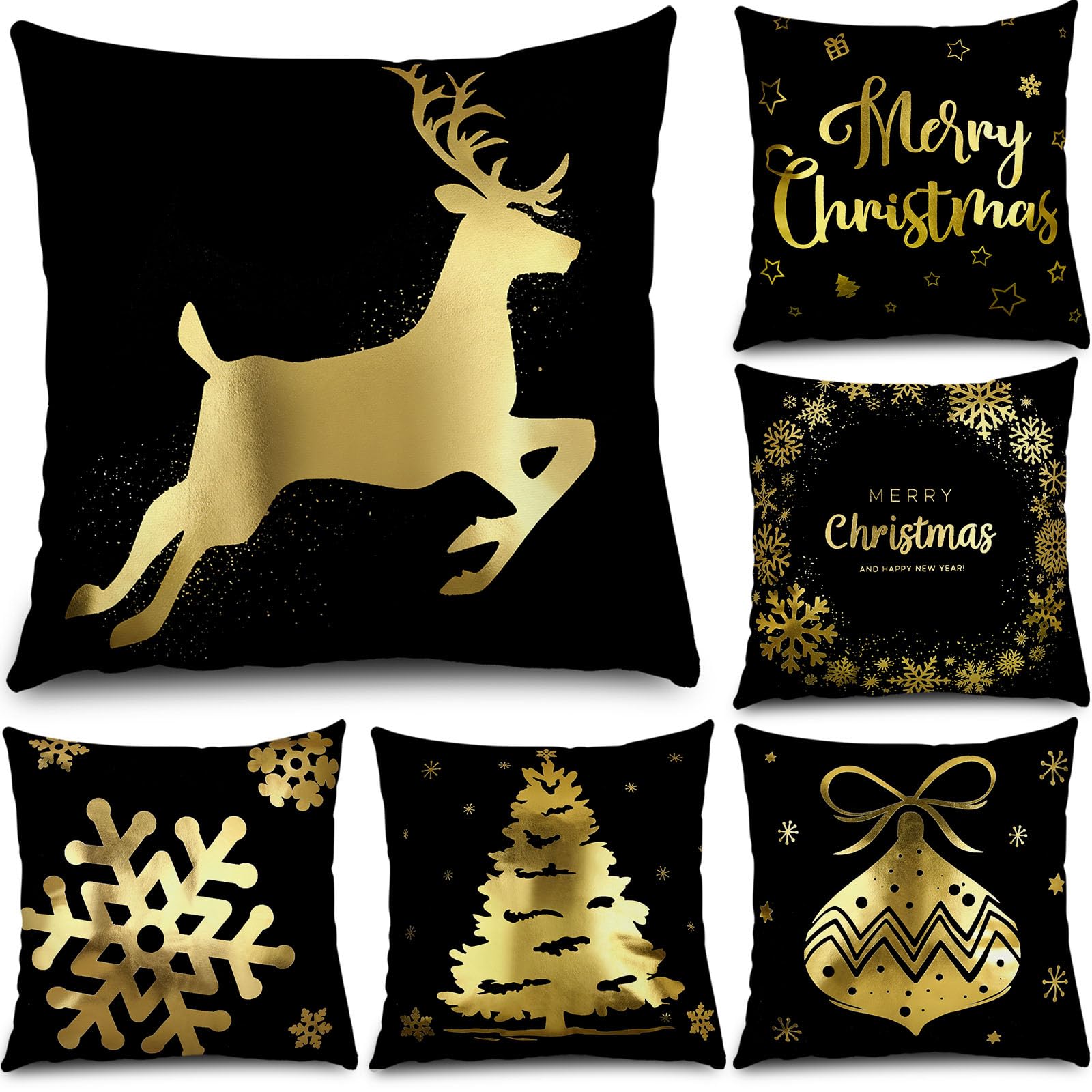 6 Pcs Housses de Coussin de Noël Taies d'oreiller Joyeux Noël Housses d'oreiller en Peluche pour Décoration d'hiver Vacances Canapé Sofa Bureau Chambre 45 x 45 cm (Noir, Or)