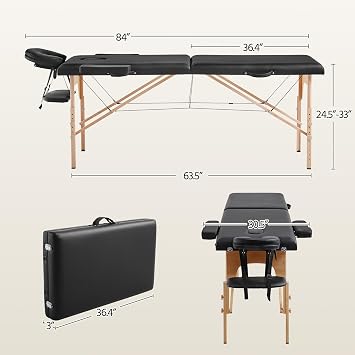 Yaheetech Portable Folding Massage Table, Height-Adjustable Lash Bed, Black