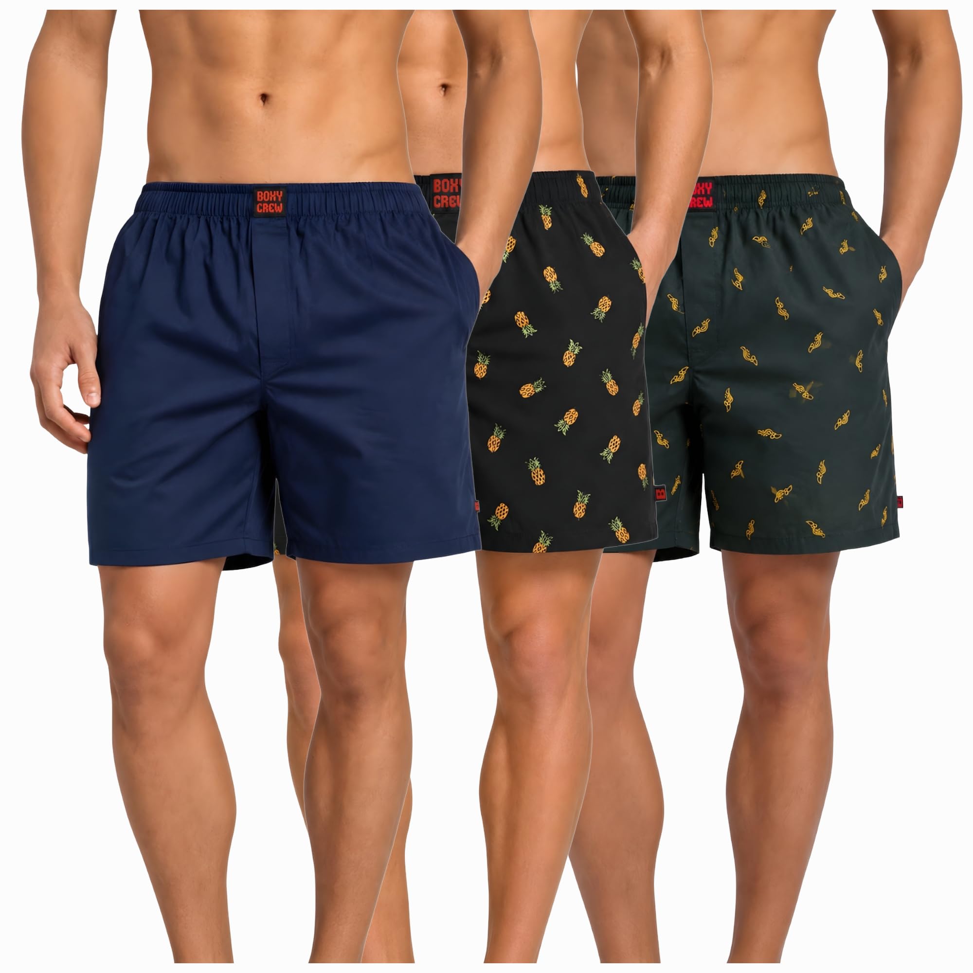 Men's 100% Cotton Boxer Shorts Pack of 3, Navy Blue, Charcoal & Dark Teal | Woven Boxers with Side Pockets, No-Marks Elastic Waistband, Breathable Relaxed Fit | Style 002-004-010-image-48