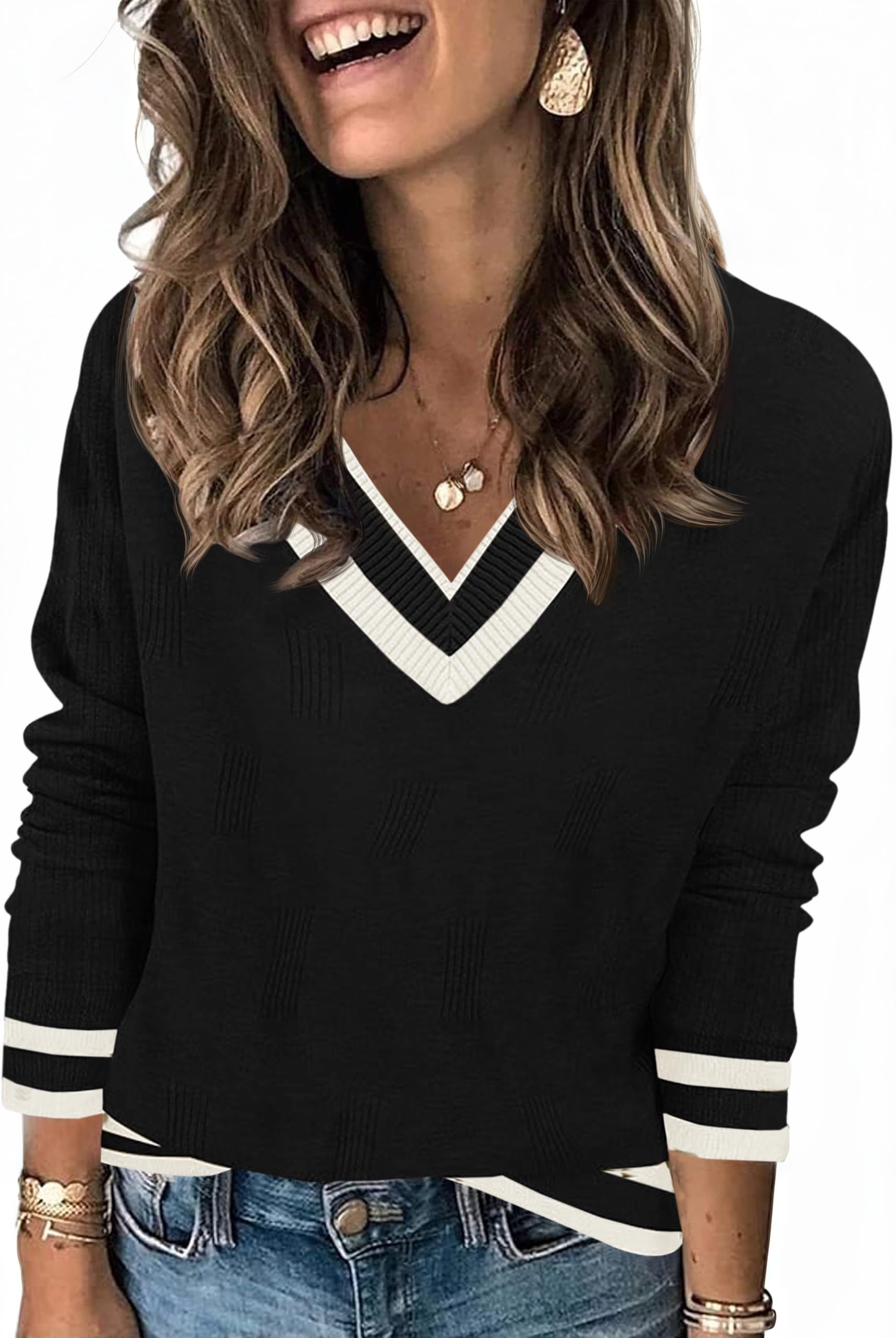 Saodimallsu Jersey de manga larga para mujer, cuello en V, jersey de punto ligero, a rayas, informal, básico, para otoño e invierno