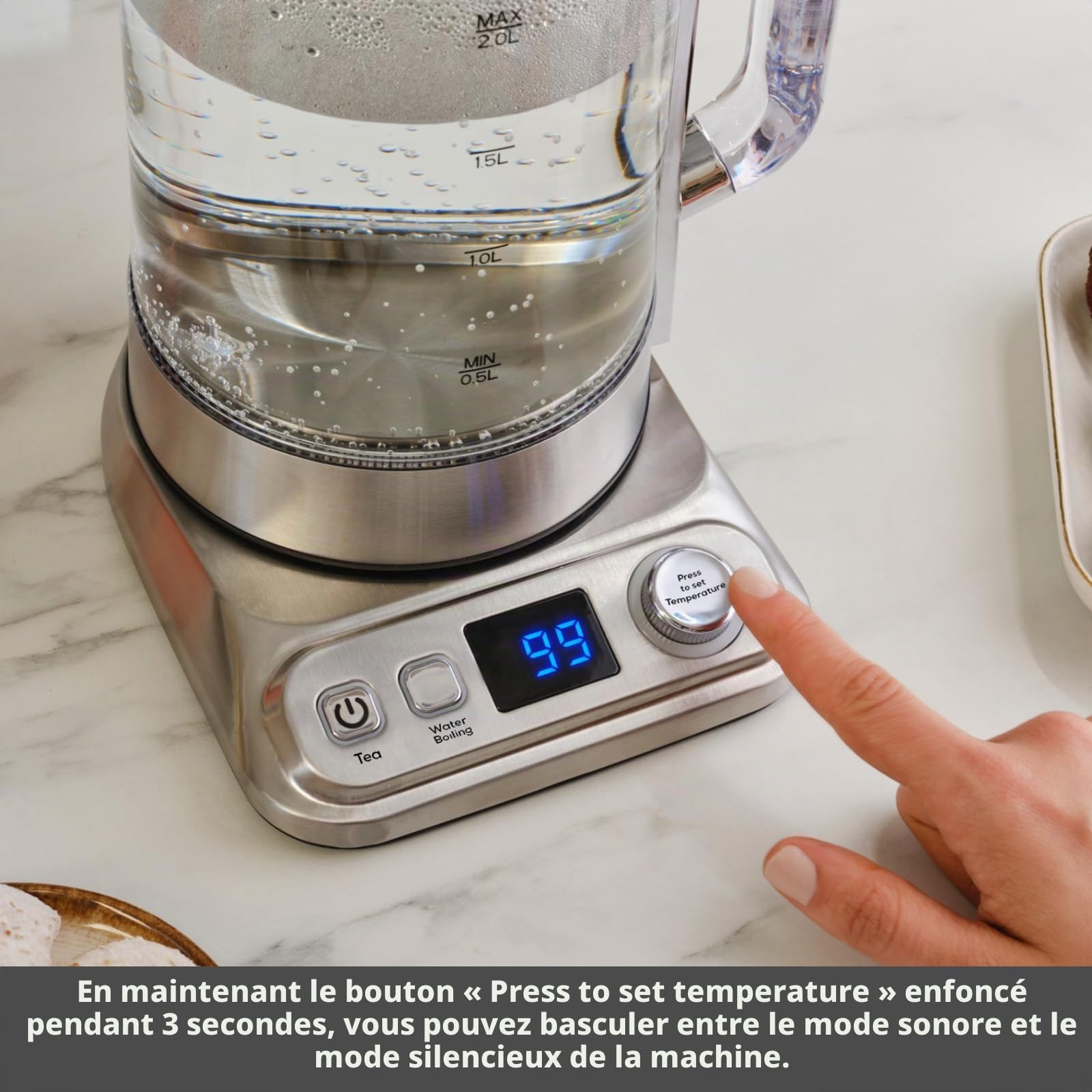 Karaca X Refika XL - Théière automatique et caydanlik - Bouilloire de 2 l et théière en verre de 0,8 l - Multi-température - Mode Eco - 2200 W - Pour famille et invités - Chromé