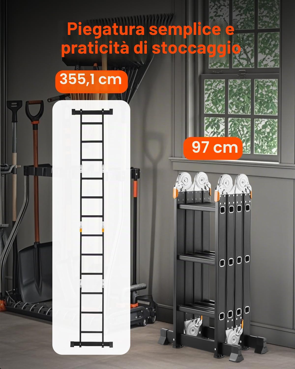 VEVOR Scala Pieghevole Multiuso, Scala a Pioli Estensibile Alta, Struttura a A con 3 Gradini e Scala Telescopica per Ponteggi, Altezza 3,7 m, Scala per Impieghi Gravosi, Capacità 149,7 kg per Casa