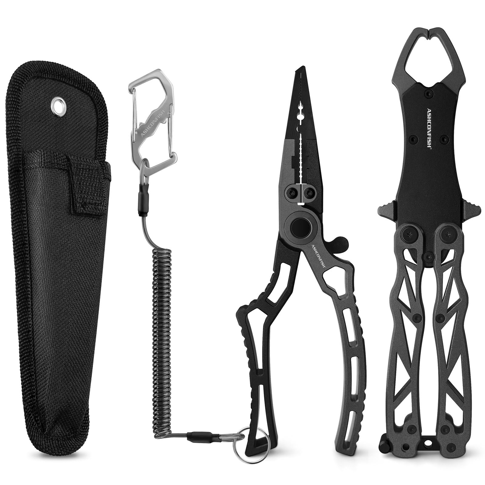Ashconfish Fish Lip Gripper Pliers - Upgraded Muti-Function Aluminum Alloy Hook Remover and Split Ring Pliers for Fly Fishing, Ice Fishing, Fishing Gear (Dark Grey)
