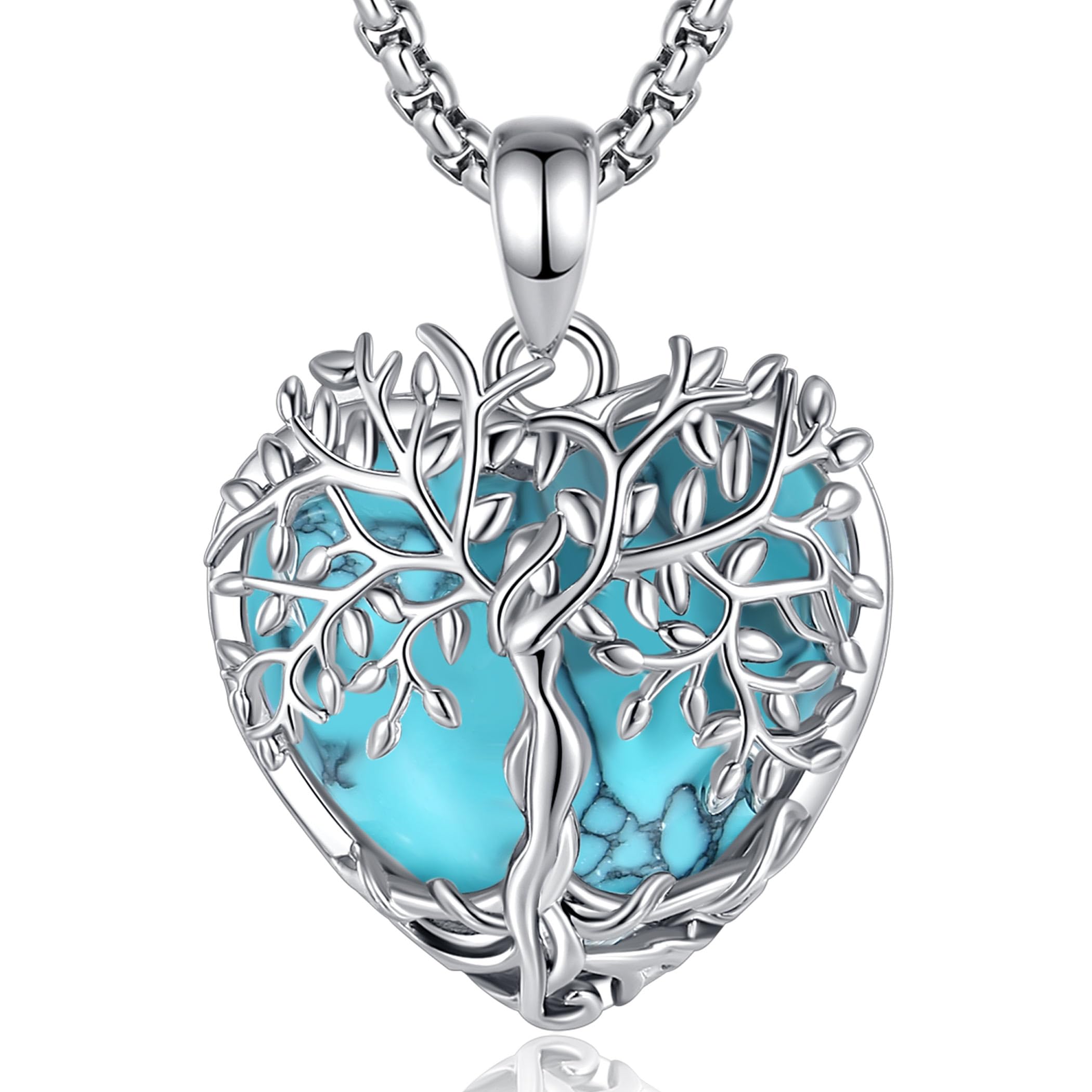 AEONSLOVE Collar Arbol de la Vida para Mujer, Colgante Árbol de la Vida con Piedra Luna Turquesa Collar Amatista Malaquita Obsidiana Piedras Protectoras de Cristal Regalo del Día de la Madre