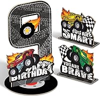 Vista 13 de 3 piezas de centro de mesa de madera escalonada de madera para auto de carreras de 2º cumpleaños, decoración del hogar (doble cara)