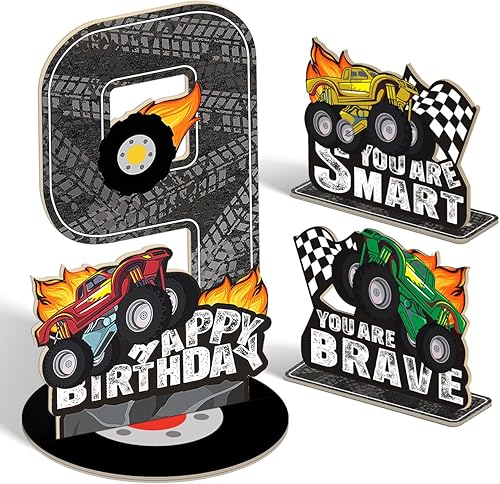 Miniatura 13 de 3 piezas de centro de mesa de madera escalonada de madera para auto de carreras de 2º cumpleaños, decoración del hogar (doble cara)