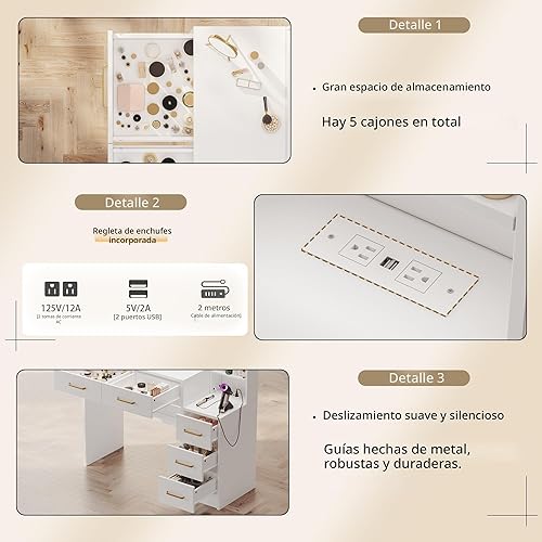 Miniatura 4 de Mesa de tocador blanca con cajón, tocador de maquillaje estilo granja con estación de carga, escritorio de tocador con luces, espejo y cajones para