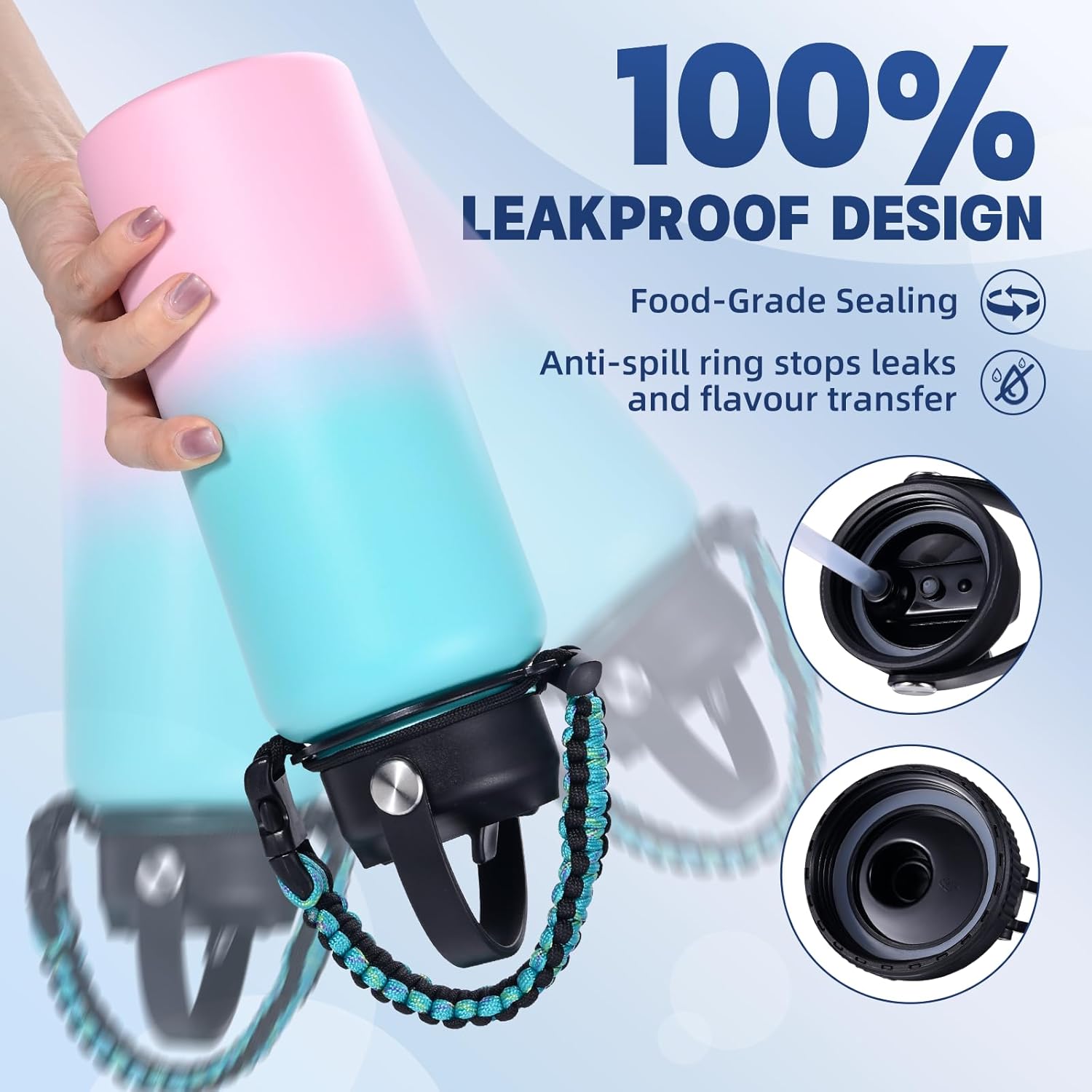 Insulated Water Bottle, 32 oz Stainless Steel Wide Mouth Water Bottles with 2 Leak Proof Lid and Paracord Handle, Double Wall Vacuum Insulated Sports Water Bottle, Teal Pink - Image 7