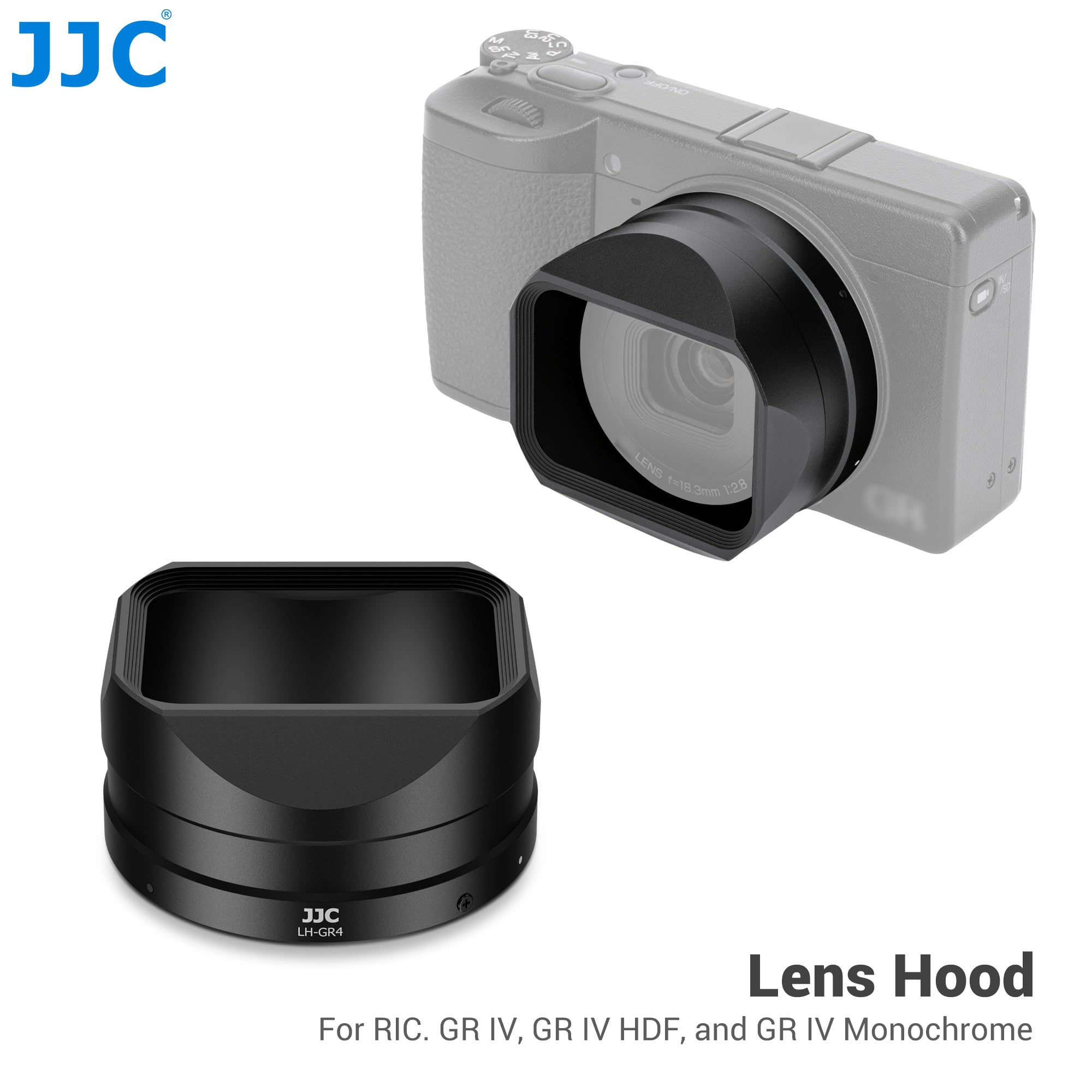 JJC Kompatybilna metalowa osłona przeciwsłoneczna z zamkiem kwadratowym do Ricoh GR IV, GR4, GR HDF, monochromatyczna, łatwa instalacja (bez winyetowania)