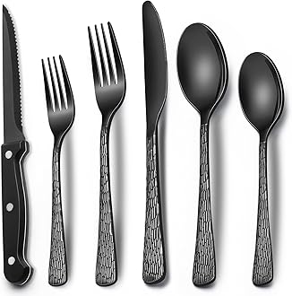 EWFEN 24-Piece Black Silverware Set with Steak Knives, Black Flatware Set for 4, Food-Grade Stainless Steel Tableware Cutlery Set, Mirror Finished Utensil Sets for Home Restaurant, Tree Pattern