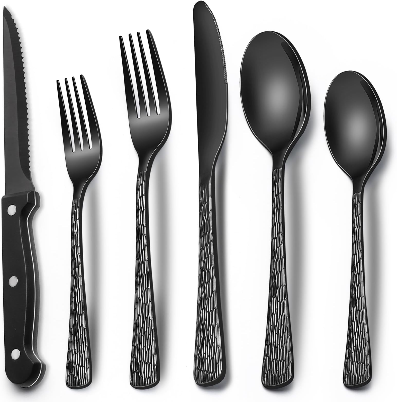 EWFEN 24-Piece Black Silverware Set with Steak Knives, Black Flatware Set for 4, Food-Grade Stainless Steel Tableware Cutlery Set, Mirror Finished Utensil Sets for Home Restaurant, Tree Pattern