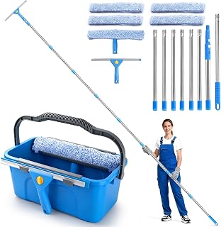 Fensterputzer Set, 3,25m Profi Teleskopstange Fensterreinigung mit Fensterputzeimer 12L, Fensterreiniger Set mit 35,5CM Fensterwischer, Fenster Reinigungsset für Haus, Fenster, Glas, Auto, Outdoor