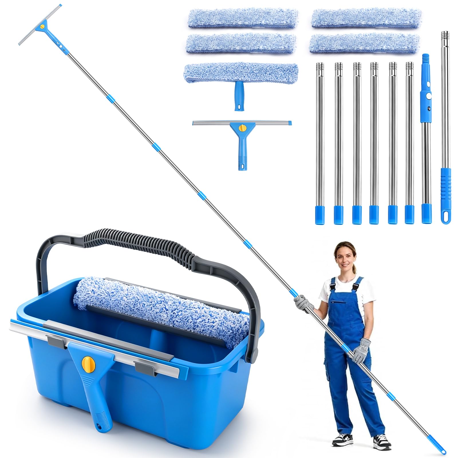 Fensterputzer Set, 3,25m Profi Teleskopstange Fensterreinigung mit Fensterputzeimer 12L, Fensterreiniger Set mit 35,5CM Fensterwischer, Fenster Reinigungsset für Haus, Fenster, Glas, Auto, Outdoor