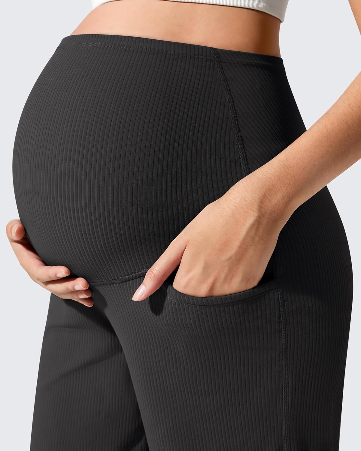 G4Free Maternity Pants Over The Belly Stretchy Athletic Pregnancy Wide Leg with Pockets Casual Yoga Trousers(Black,L,Tall) - Image 2