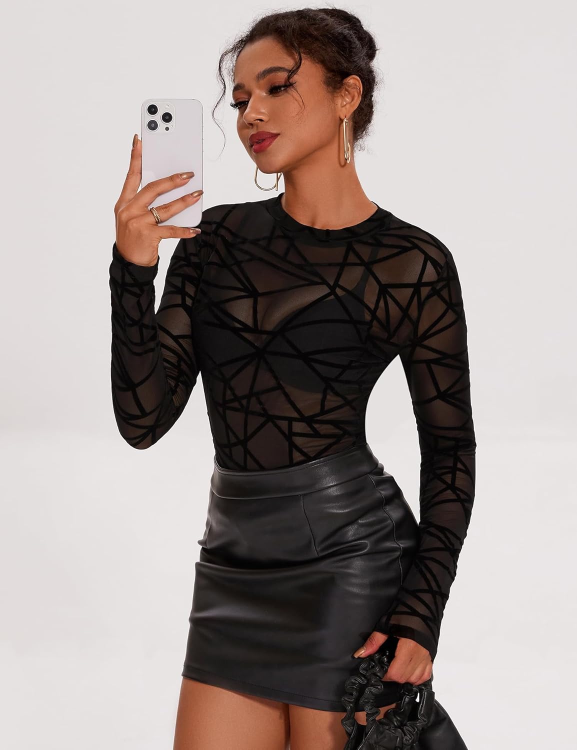 AKEWEI Womens Mesh Long Sleeve Tops Crew Neck Sexy See Through Tee Shirts Party Club Night Lace Blouse - Image 3