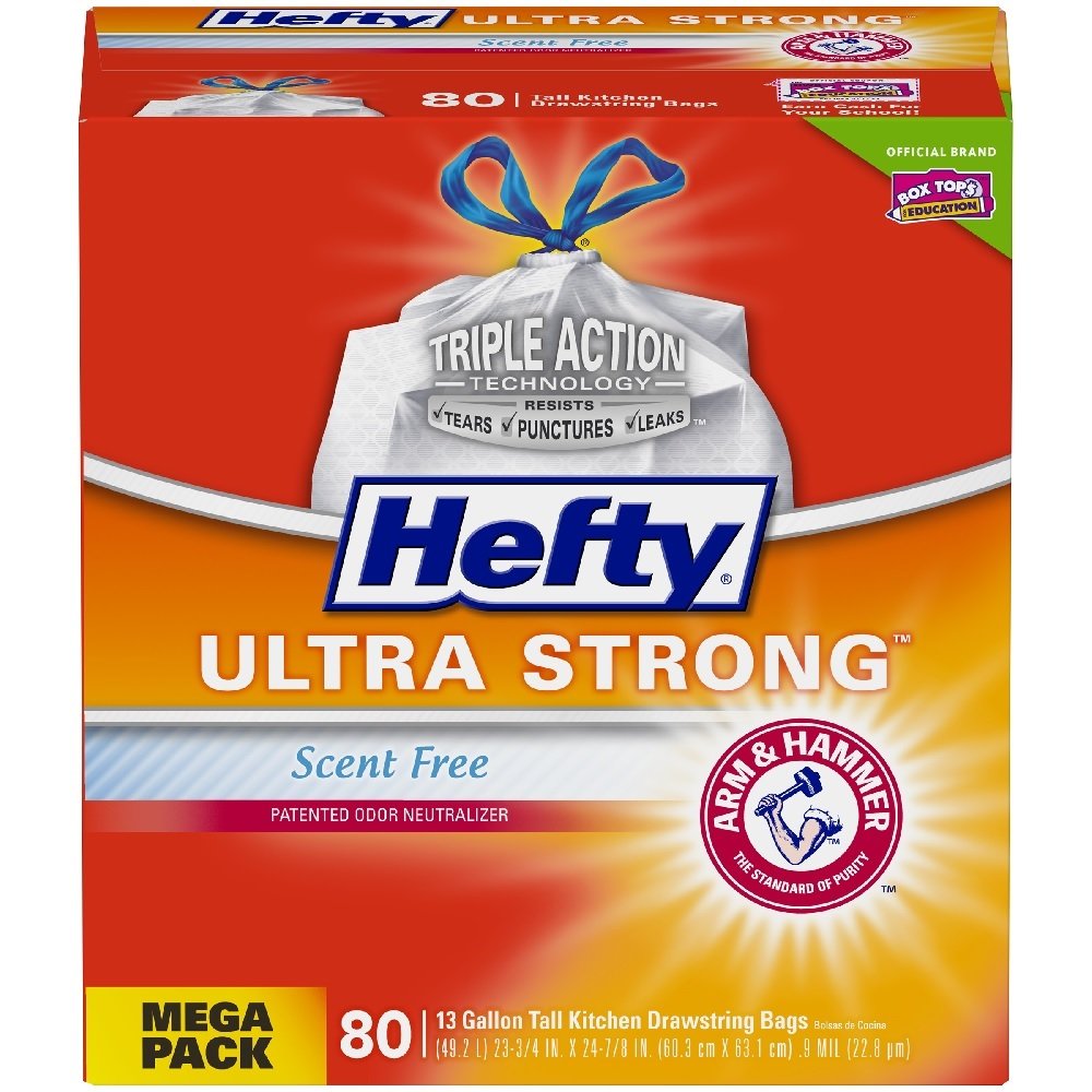 HeftyUltra Strong Tall Kitchen Trash Bags, Unscented, 13 Gallon, 80 Count