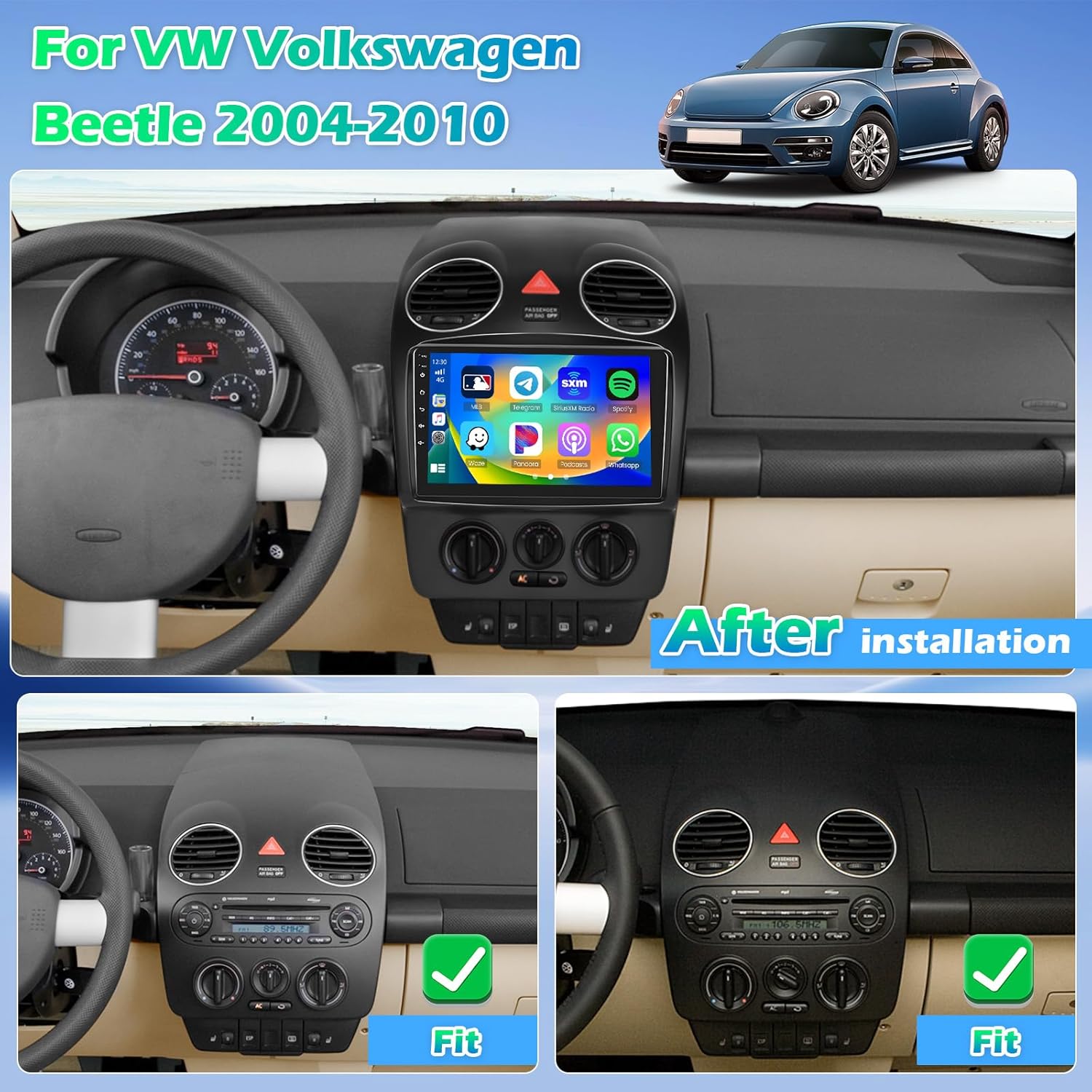 Roinvou Car Radio Installed in VW Beetle Dashboard