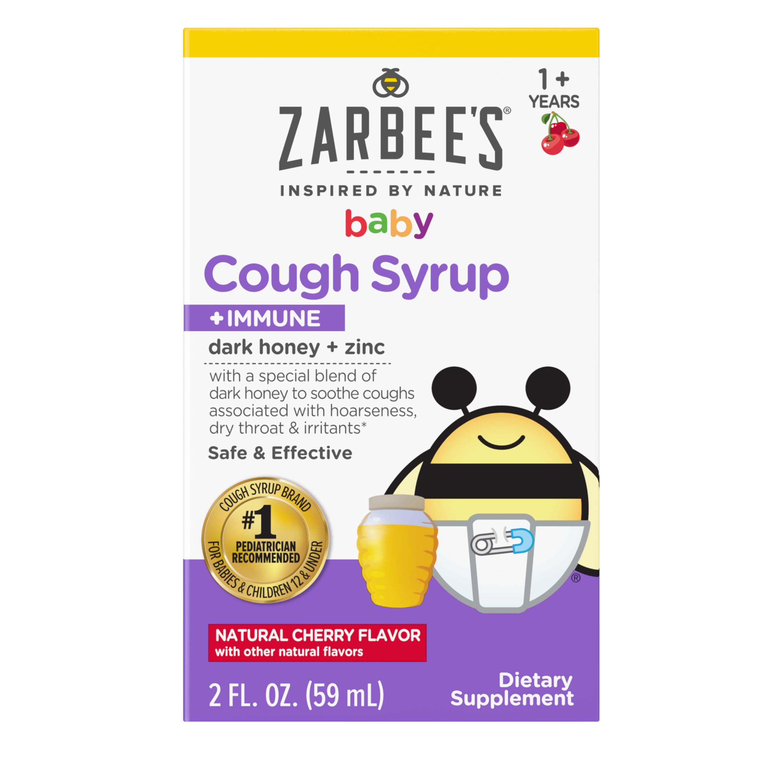 Baby Honey Cough Syrup + Immune for Babies 12-24 Months, Safe & Effective Cough Syrup with Soothing Dark Honey & Zinc for Immune Support*, Drug & Alcohol-Free, Cherry, 2 fl. oz