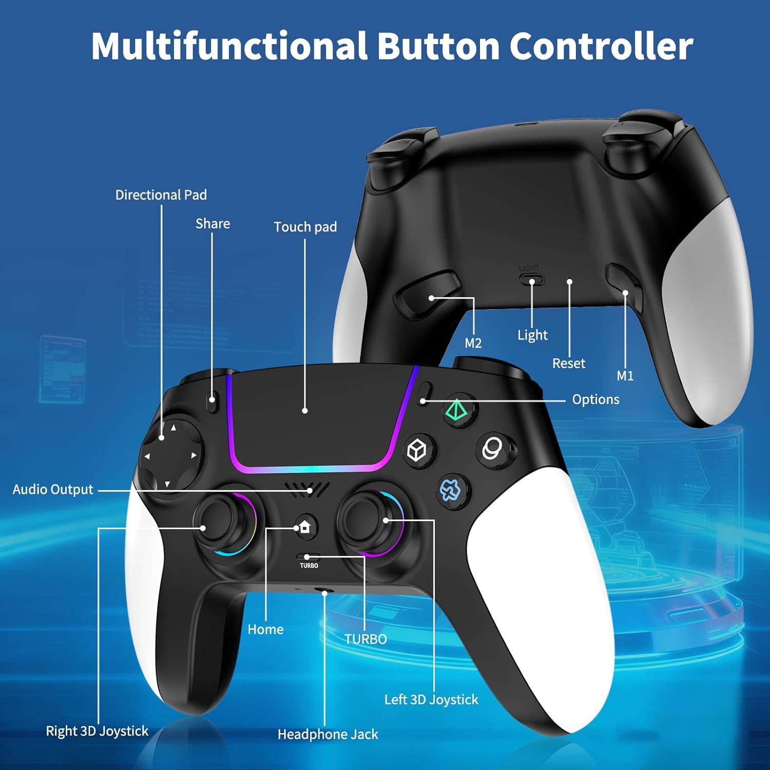 Wireless Controller for PS5 with RGB LED,TURBO, Dual Vibration, 6 Axis Gyro Sensor, Touchpad, Ergonomic for Playstation 5 Controller, Compatible with PlayStation 5/PC/Mac, Anti-Slip Black and White - Image 7