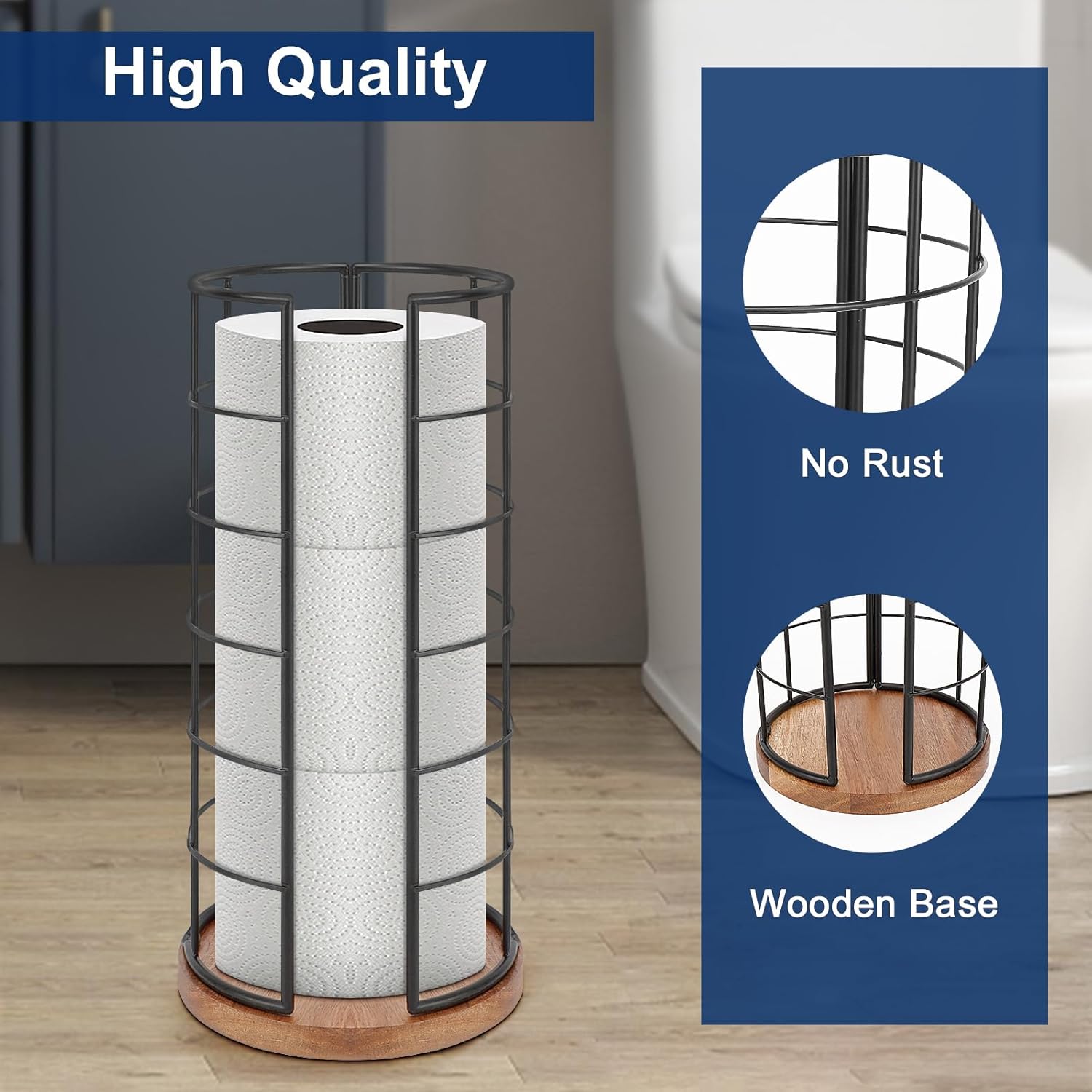 NearMoon Toilet Paper Organizer Stand, Freestanding 3 Rolls Tissue Storage, Metal Bathroom Accessory, Rustproof Toilet Roll Holder for Kitchen Countertop Inside Cabinet Shelf(Wooden Base, Matte Black)