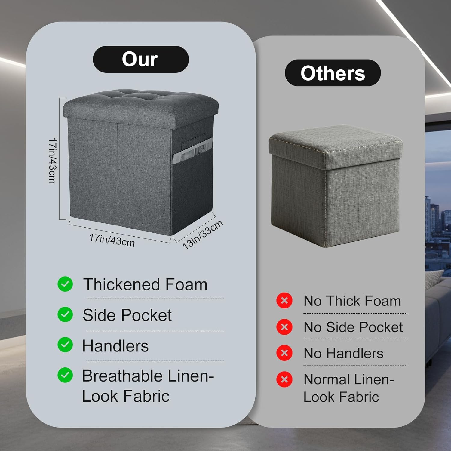 Storage Ottoman with Thicker Foam Padded Seat. 61L Slim Tall Foldable Foot Rest Stool with Linen Fabric, Ottoman with Storage Bench for Living Room Bedroom, 300lbs Weight Support, 17x13x17IN Dark Gray