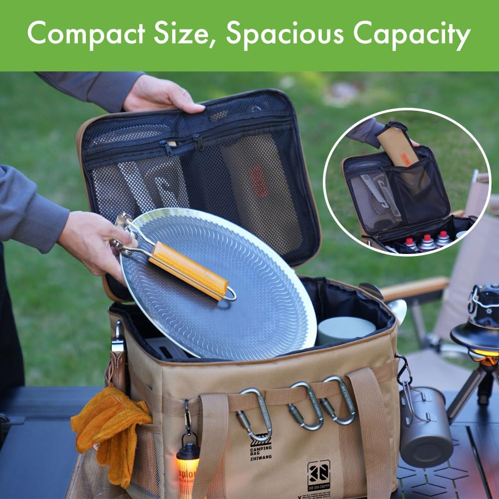 30L Collapsible Outdoor Storage Bin, Oxford Fabric Camping Storage Box, Large Capacity Tactical Gear Organizer for Picnic, Hiking, Camping, Kitchen Utensils & Travel Accessories, Khaki