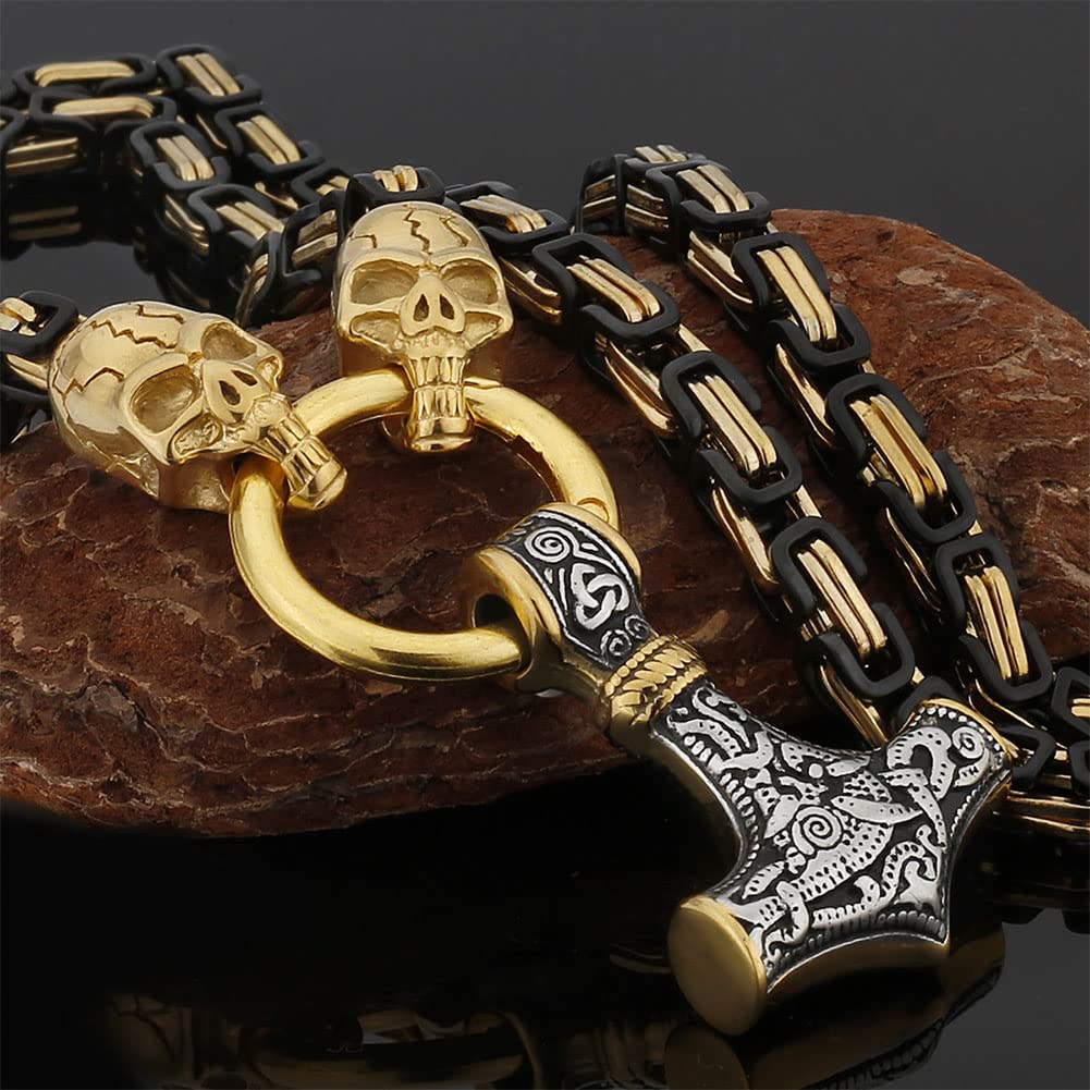 Herren Königskette Thors Hammer Anhänger Halskette, Nordische Mythologie Massiver Edelstahl Mjölnir Fenris Wolfskopf Halskette Wikinger Retro Amulett Rune Schmuck Geschenk